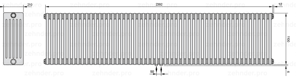 Схема (чертеж) Радиатор Zehnder Charleston 6110/52 №5410 Белый глянцевый RAL 9016